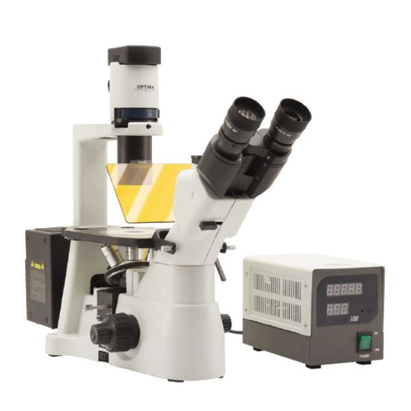 Optika Microscope IM-3FL4-EUIV, trino, inverse, FL-HBO, B&G Filters, IOS LWD U-PLAN F, 100x-400x, EU, IVD