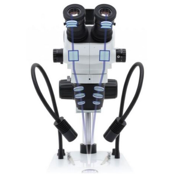 Optika Stereo zoom microscope SZO-3, bino, 6.7-45x, Pillar stands, Reflected and transmitted light