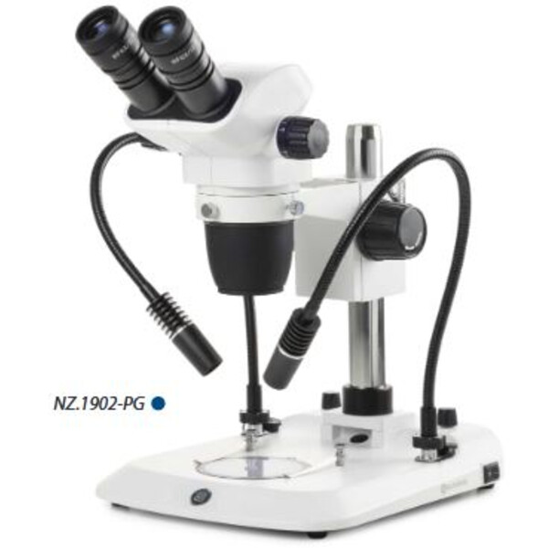 Euromex Microscopio stereo zoom NZ.1902-PG, 6.7-45x, Columna, 2 Cuellos de cisne, Luz transmitida, bino