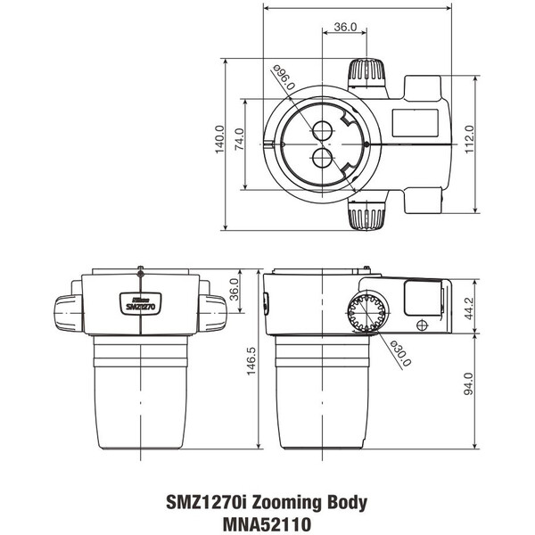 Nikon Cabazal estereo microsopio SMZ-1270i Stereo Zoom Head, trino, 6.3-80x, click stop, ratio 12.7:1, 64 mm, 0-30°, WD 70 mm