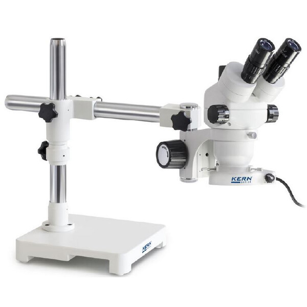Kern Stereo zoom microscope OZM 903, trino, 7x-45x, HSWF10x23mm, Tripod & Mount, single-arm (430 mm x 385 mm) with stage, LED Ring light 4.5 W