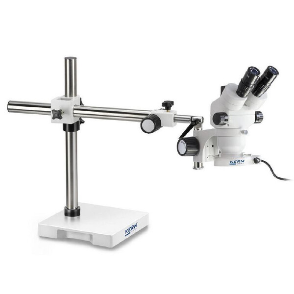 Kern Stereo zoom microscoop OZM 913, trino, 7x-45x, HSWF 10x23 mm, Statief, enkele arm (515 mm x 614 mm) w. tafelblad, Ringlampen LED 4,5 W