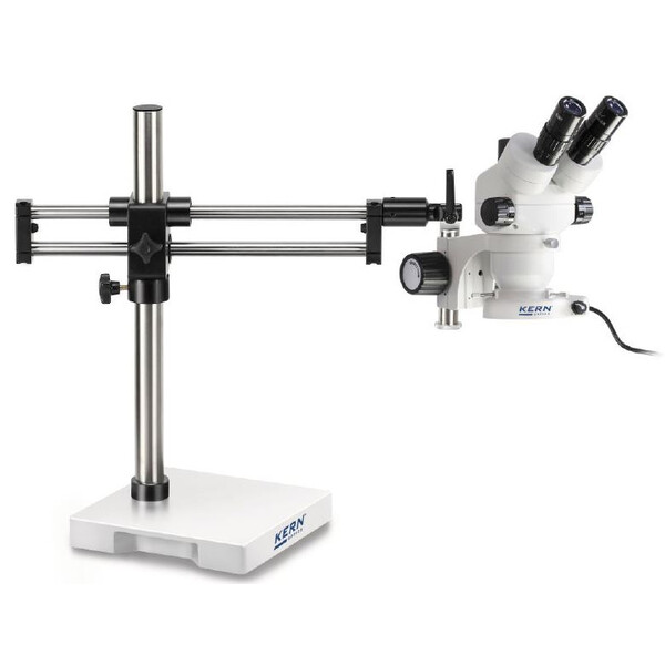 Kern Stereo zoom microscope OZM 932, bino, 7-45x, HSWF 10x23 mm, Tripod double-armed, 430x480mm, with stage plate, Ring light LED 4.5 W