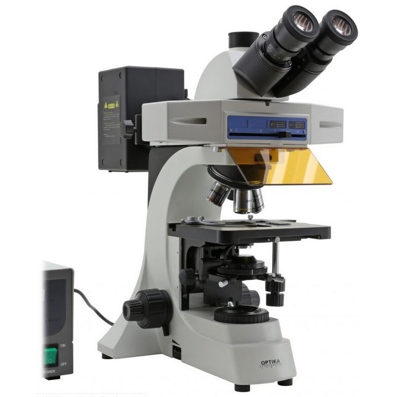 Optika Microscope B-510FL-UK, trino, FL-HBO, B&G Filters, W-PLAN, IOS, 40x-400x, UK
