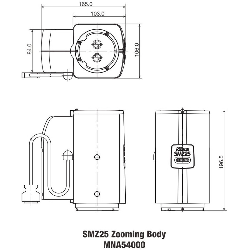Nikon SMZ25, motorisé, optique parallèle, achromate, tête zoom, bino, 6,3-157,5x, click stop, rapport 25:1, 15°