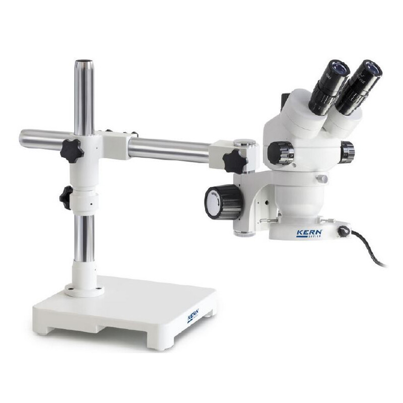 Kern Microscopio stereo zoom OZM 903, trino, 7x-45x, HSWF10x23mm, Cavalletto, Braccio singolo (430 mm x 385 mm) con piano d'appoggio, Lampade ad anello LED 4,5 W