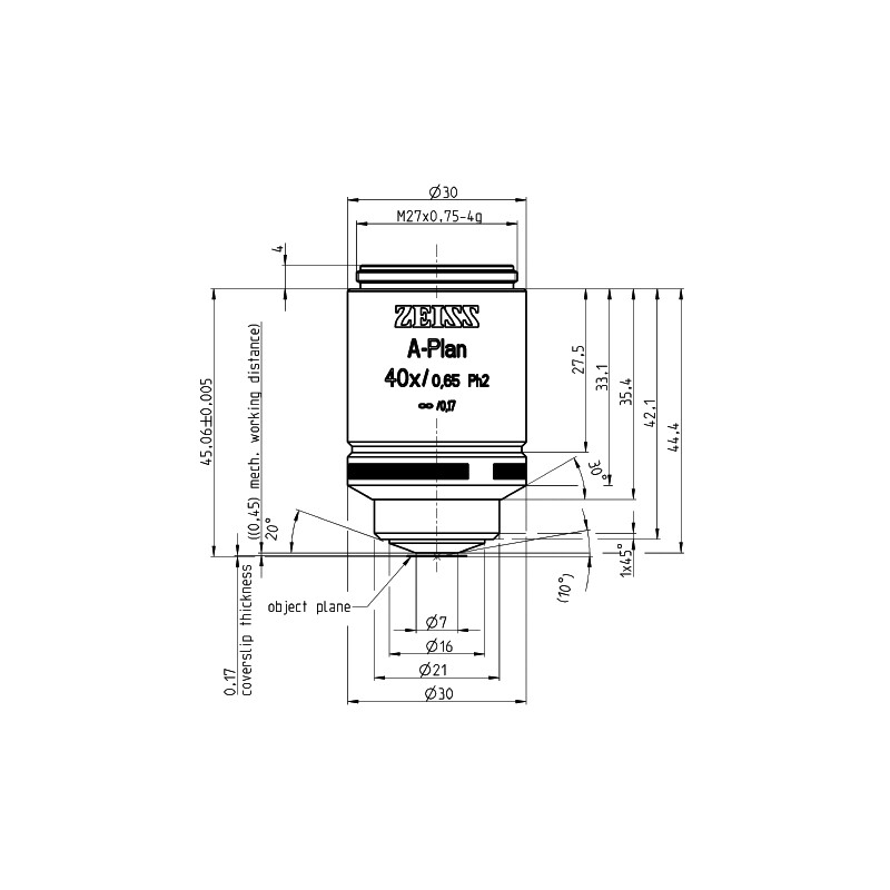 ZEISS Objective Lenses A-Plan 40x/0.65 Ph2 wd=a=0.45mm