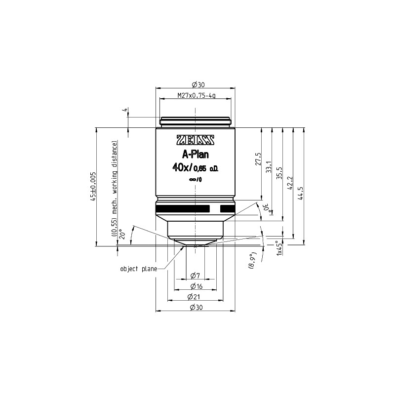 ZEISS Objectief A-Plan 40x/0.65 D=0 wd=0.55mm