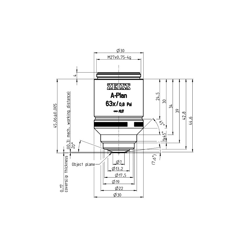 ZEISS Objectifs Plan A 63x/0,8 pôle wd=0,30mm